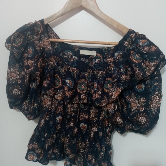 Ulla Johnson warner Floral Puff sleeve Peplum blouse ruffled neckline/Waist sz 2 - Picture 3 of 8